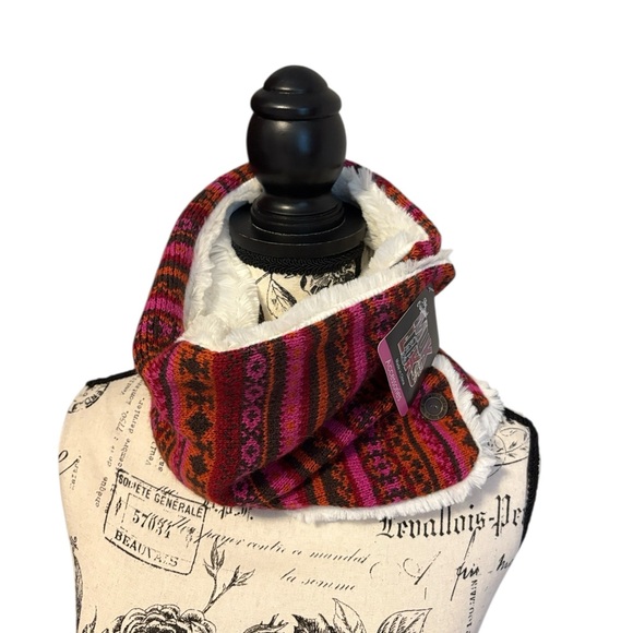 Muk Luks Knit Neck Warmer Scarf & Headband Set Fair Isle Pattern Faux Fur New - Picture 2 of 7